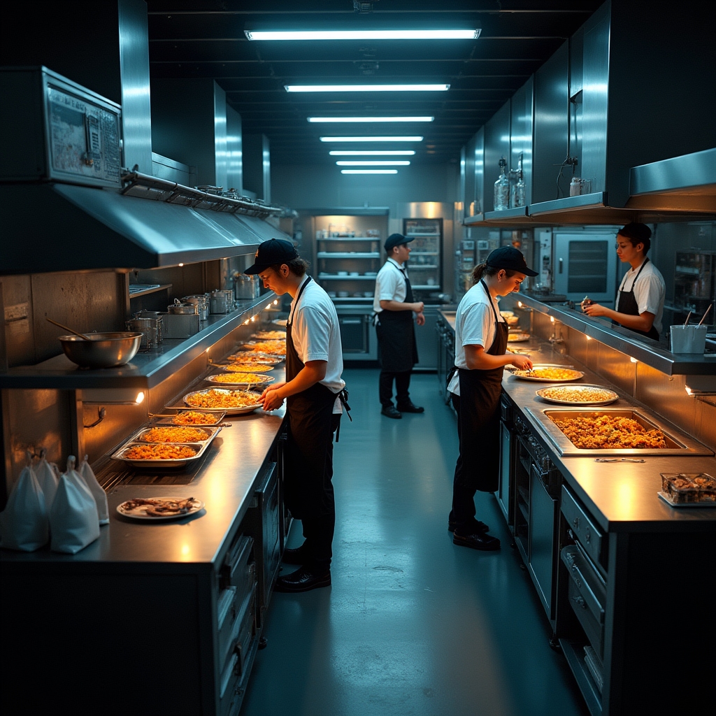 Vista cenital de una cocina fantasma en funcionamiento con varios módulos de trabajo
